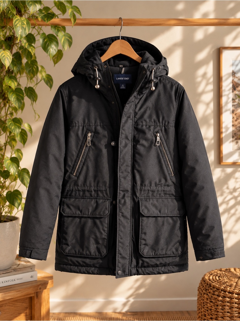 Lands’ End Men’s Black Hooded Insulated Winter Jacket Parka Size M